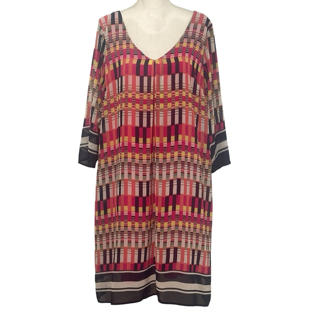 Glamour Boutique Colorful Geometric Pattern 3/4 Sleeve Business Casual Dress